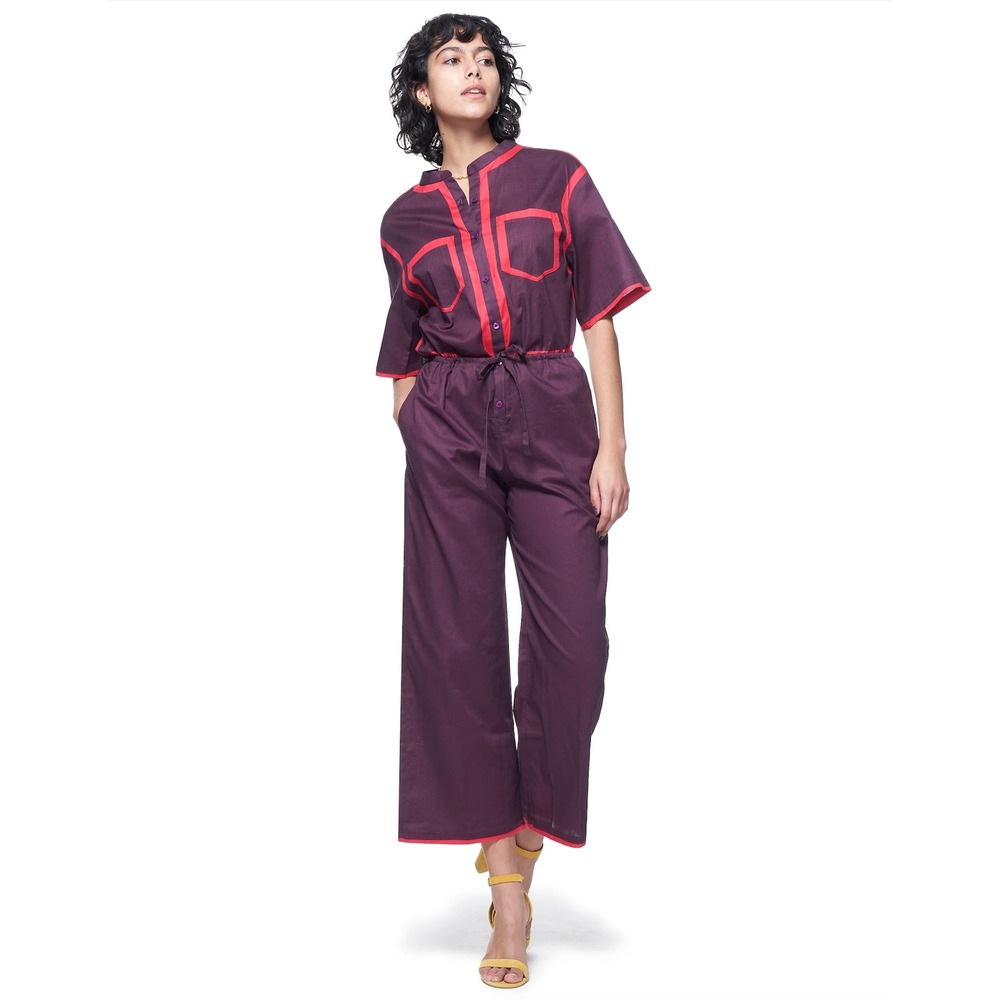The Kit Issa Jumpsuit Cotton Short Sleeve Eggplant Purple Red Trim  M